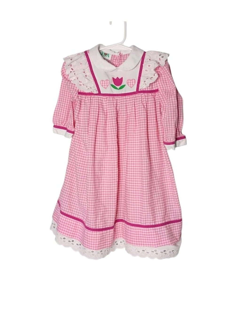 Vintage Alyssa Gingham Check Girls Midi Dress 5 Cottage Tulips Peter Pan Eyelet